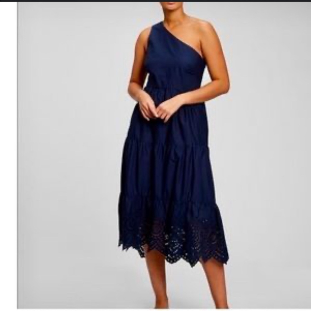 GAP Navy Eyelet Cold Shoulder Tiered Gathered  Midi Dress w/pockets SZ 4P